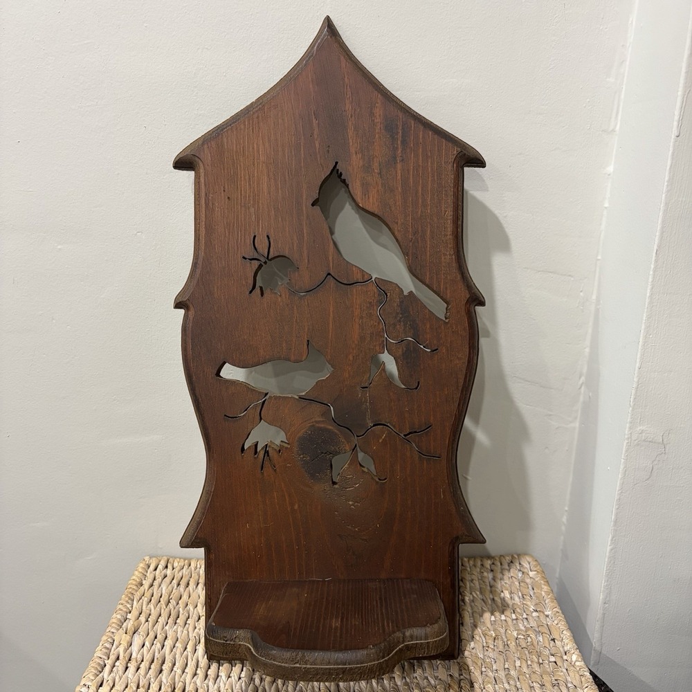 Vintage Carved Wood Scroll Saw Cut-Out Wall Hanging Cardinal Flower Shelf Boho - Picture 2 of 7